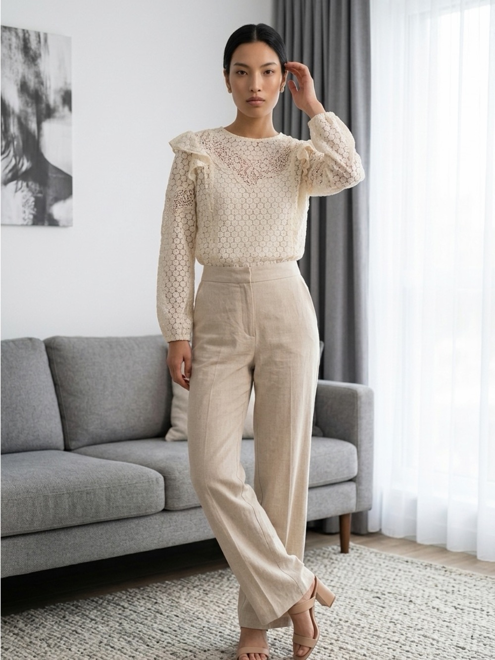 Express Cream Lace Ruffle-Shoulder Blouse